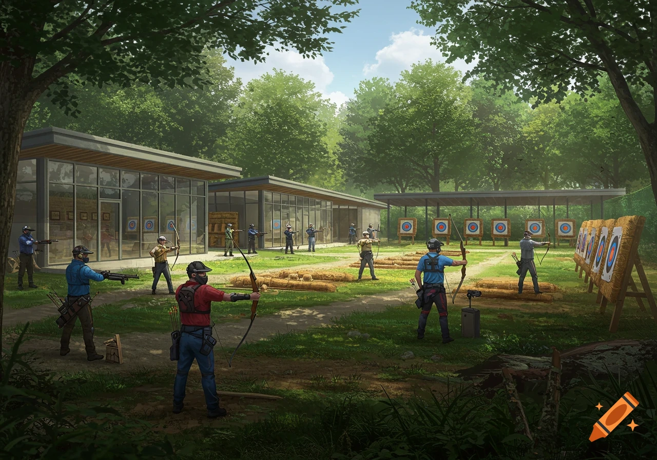 An outdoor archery training center with multiple archers aiming bows at targets, surrounded by green trees and buildings.