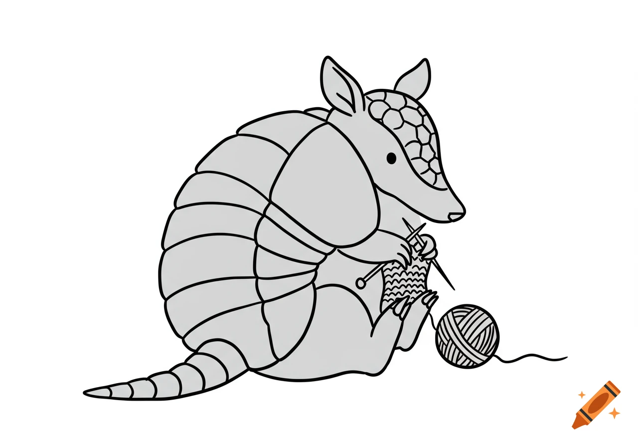 A cute cartoon armadillo sitting and knitting with yarn and needles, depicted in simple black line art on a white background.
