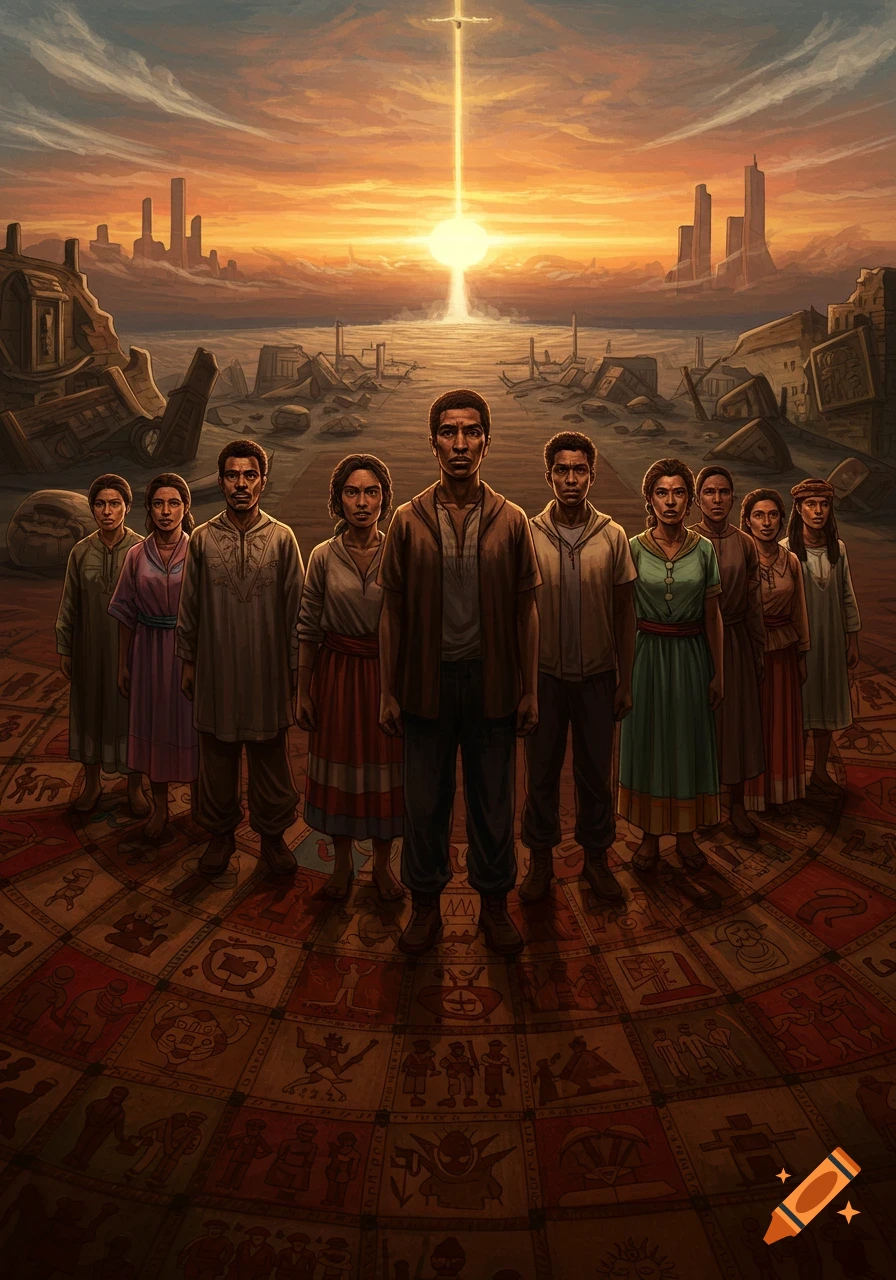 Digital illustration of a diverse group of people standing on a patterned floor before a ruined city at sunset, with a bright light rising from the horizon.