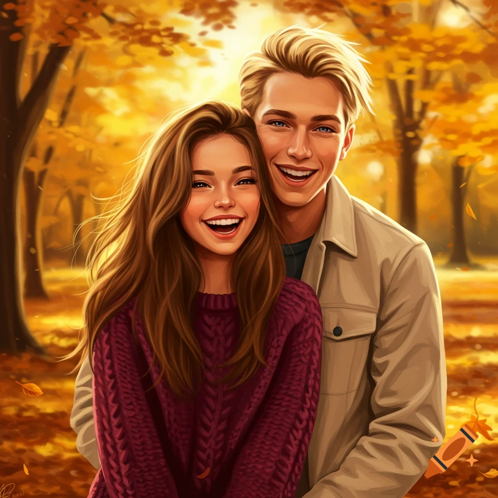 Smiling young couple in an autumn park, digital illustration.