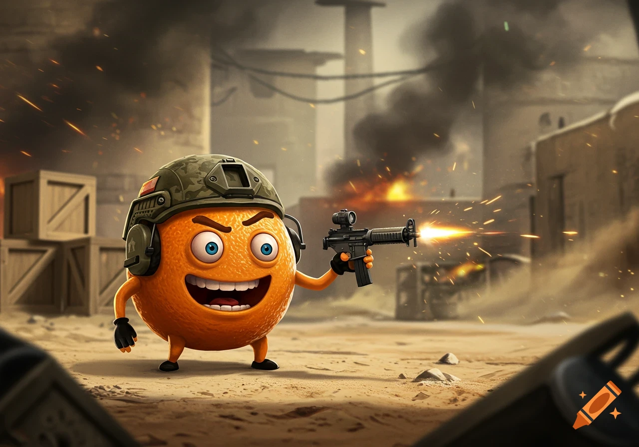 A smiling cartoon orange character in military gear fires a rifle amidst a smoky, war-torn urban environment.