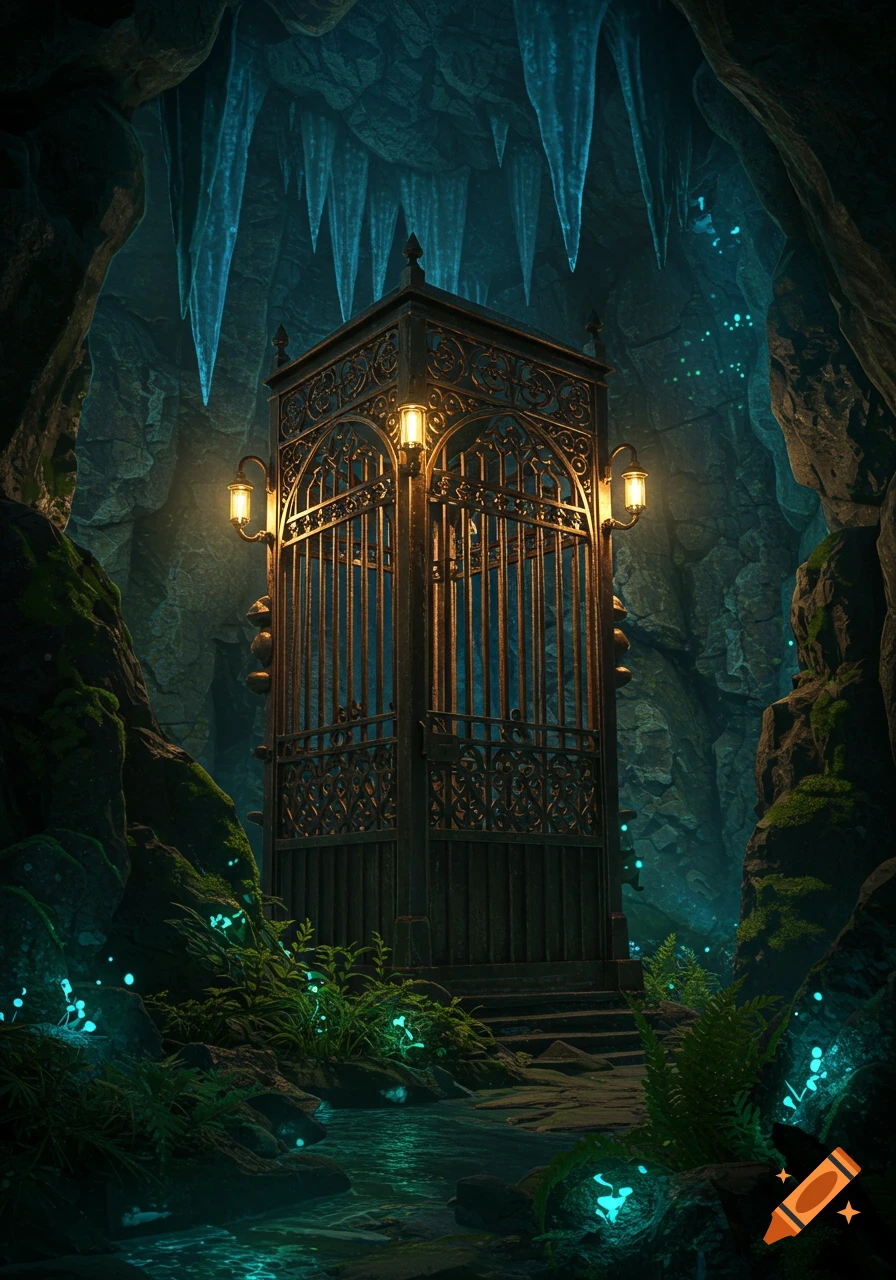 An ornate, glowing metal gate in a dark, mysterious fantasy cave with blue glowing plants and icicles.