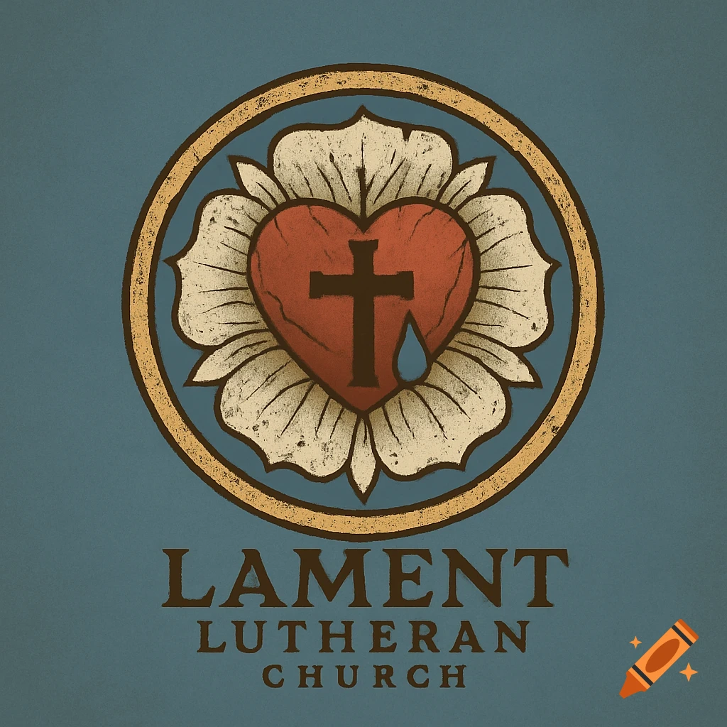 A distressed logo featuring a black cross within a red heart, with a blue teardrop, encircled by a white rose and a gold ring, all on a blue background. Text reads "LAMENT LUTHERAN CHURCH".