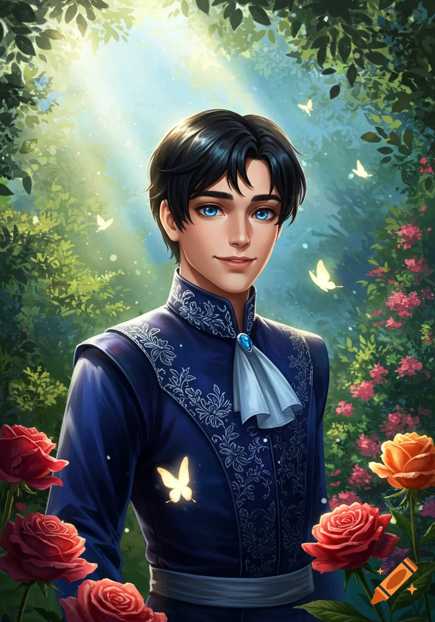 Digital illustration of a smiling young prince with black hair and blue eyes in an ornate blue jacket, in a sunny garden.