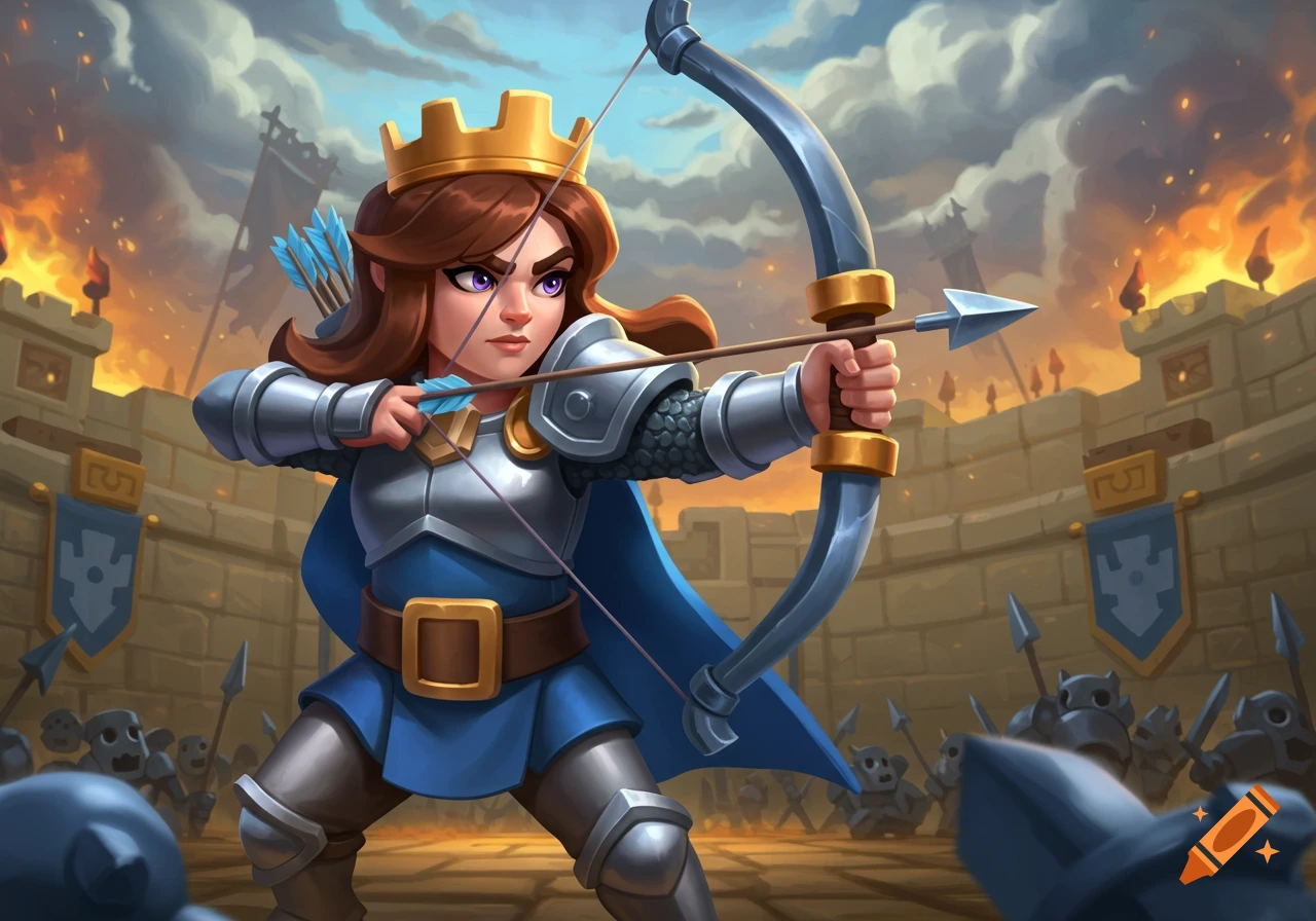 A cartoon-style princess in armor holds a bow and arrow, aiming towards an invading army outside a burning castle.