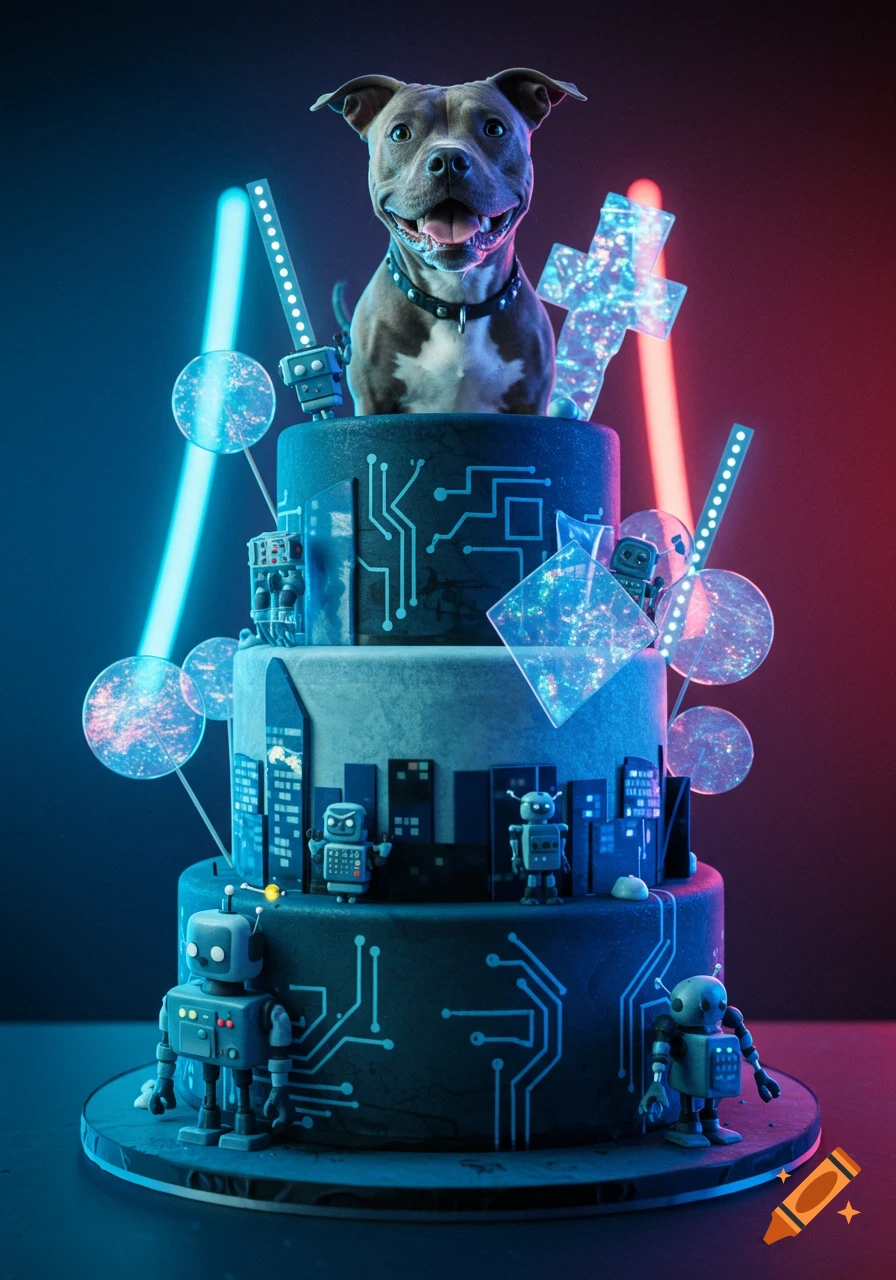 A happy pitbull dog on a futuristic tiered birthday cake with robots, circuit board patterns, and neon lights.