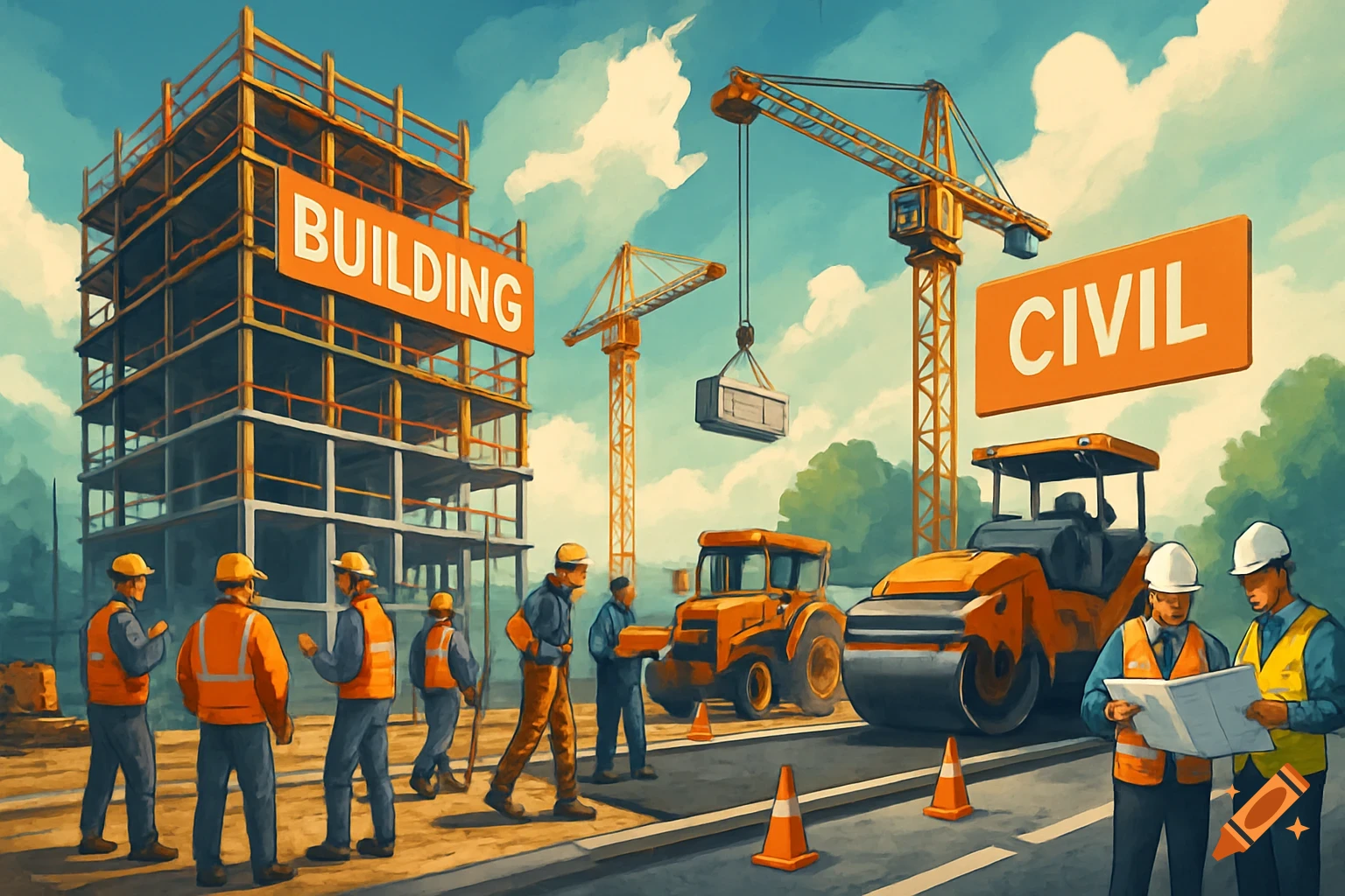 A stylized illustration of a bustling construction site with workers, cranes, a building, and road equipment, labeled BUILDING and CIVIL.