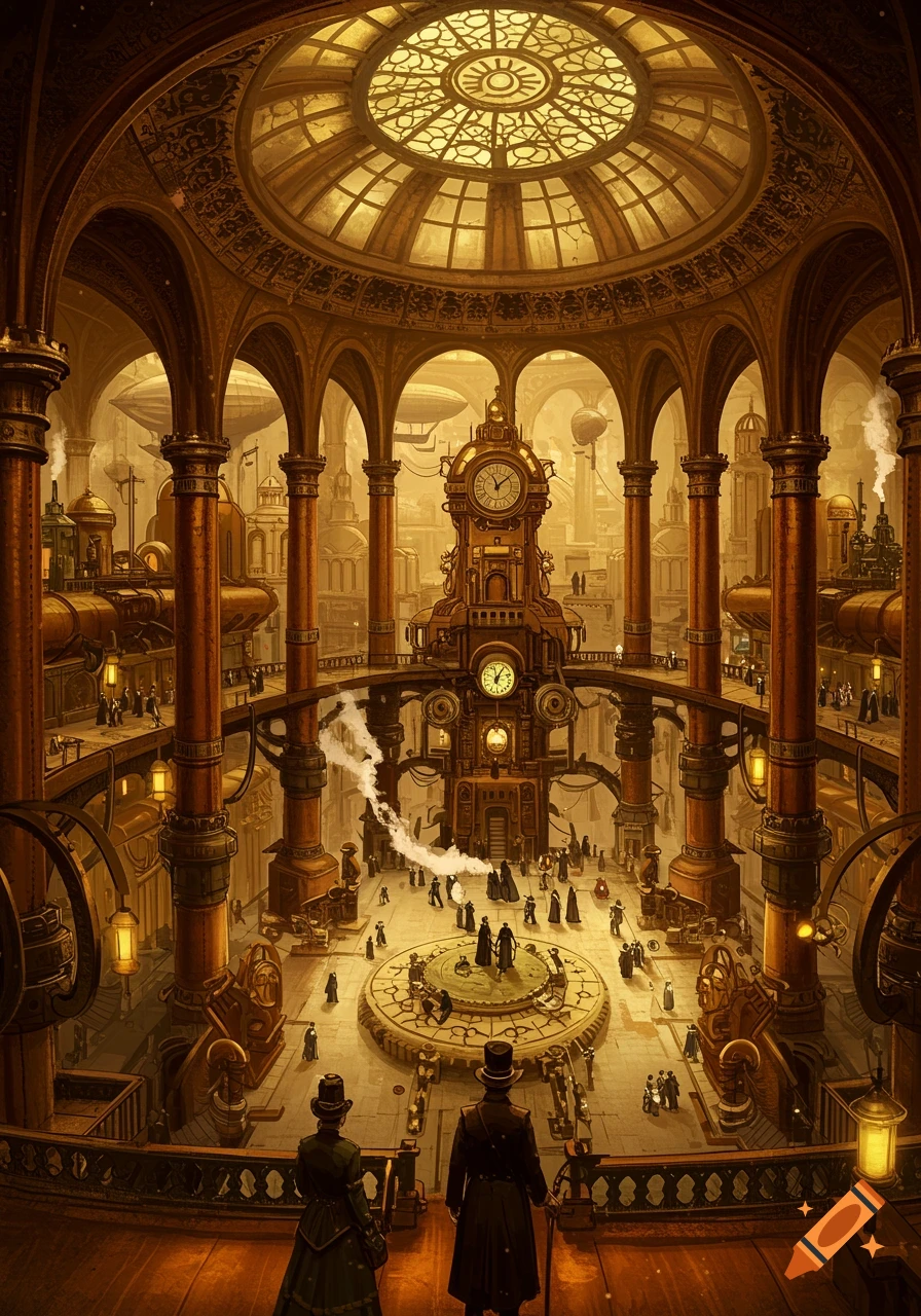 A grand steampunk city interior with a large central clock tower, intricate golden architecture, and many people milling about.