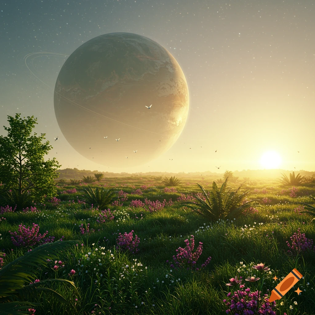 A large ringed planet looms over a vibrant green field with pink and purple flowers at sunrise, with birds flying.