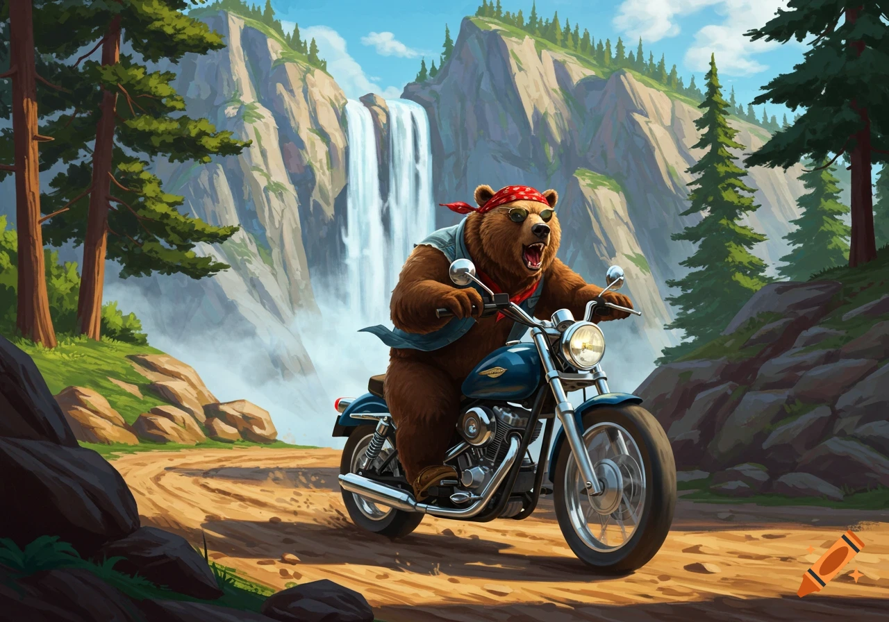 A cartoon bear wearing a red bandana and sunglasses rides a motorcycle on a dirt path with a waterfall and mountains in the background.