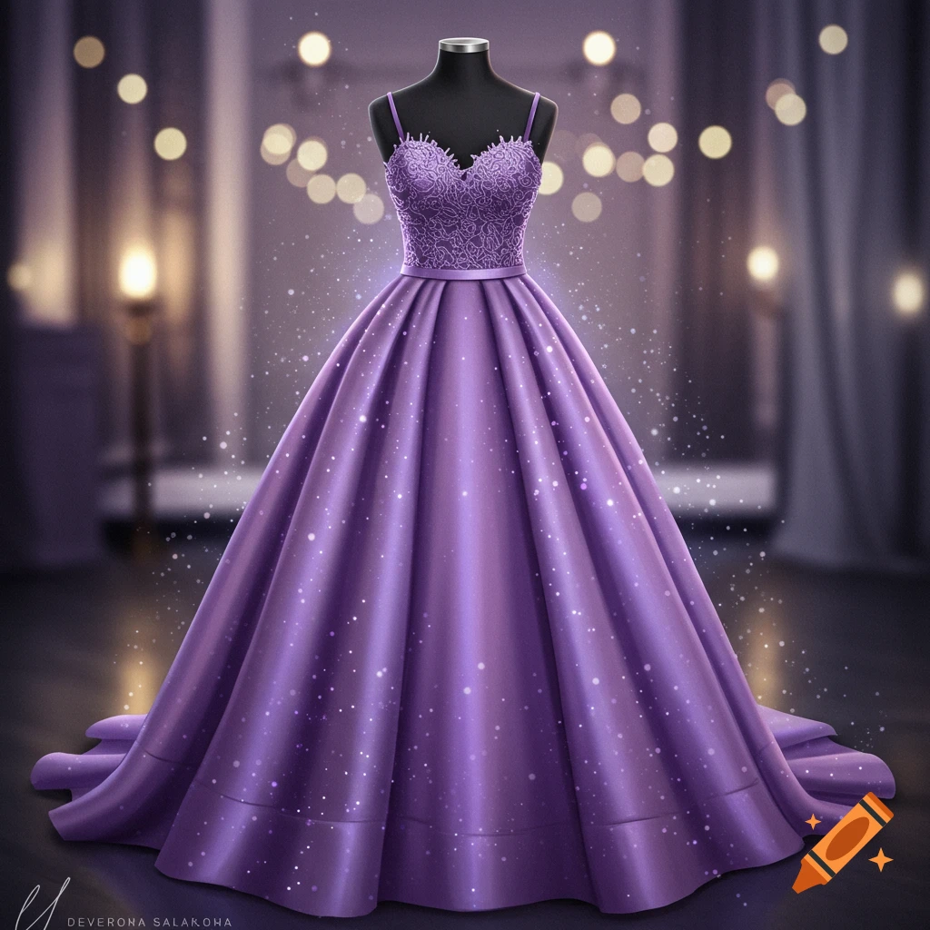 A detailed purple ball gown on a black mannequin, sparkling against a blurred background with bokeh lights.
