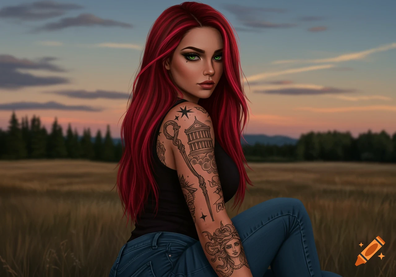Digital art of a woman with long red hair and tattoos sitting in a field at sunset.