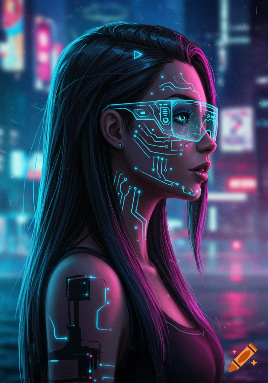 A profile portrait of a cyberpunk girl with glowing circuit patterns on her face and shoulder, wearing VR-like glasses, against a neon-lit city background. Digital art.