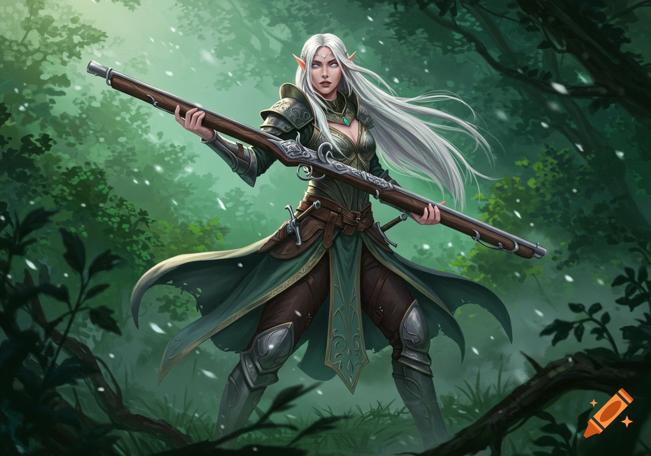 A female elf with long white hair and armor holds a long rifle in a magical green forest.