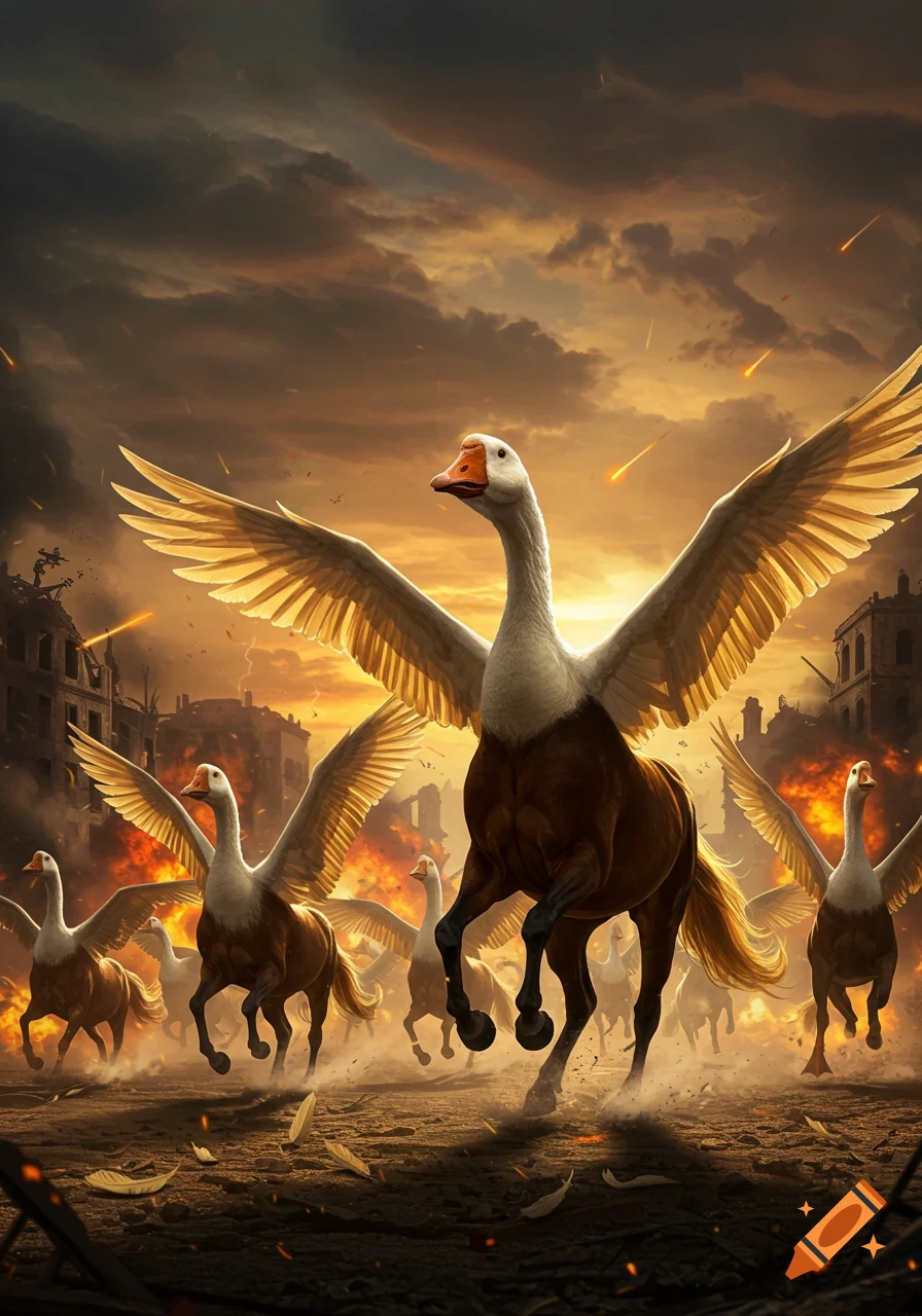Winged horses with goose heads charge through a ruined city under an artillery barrage at sunset.
