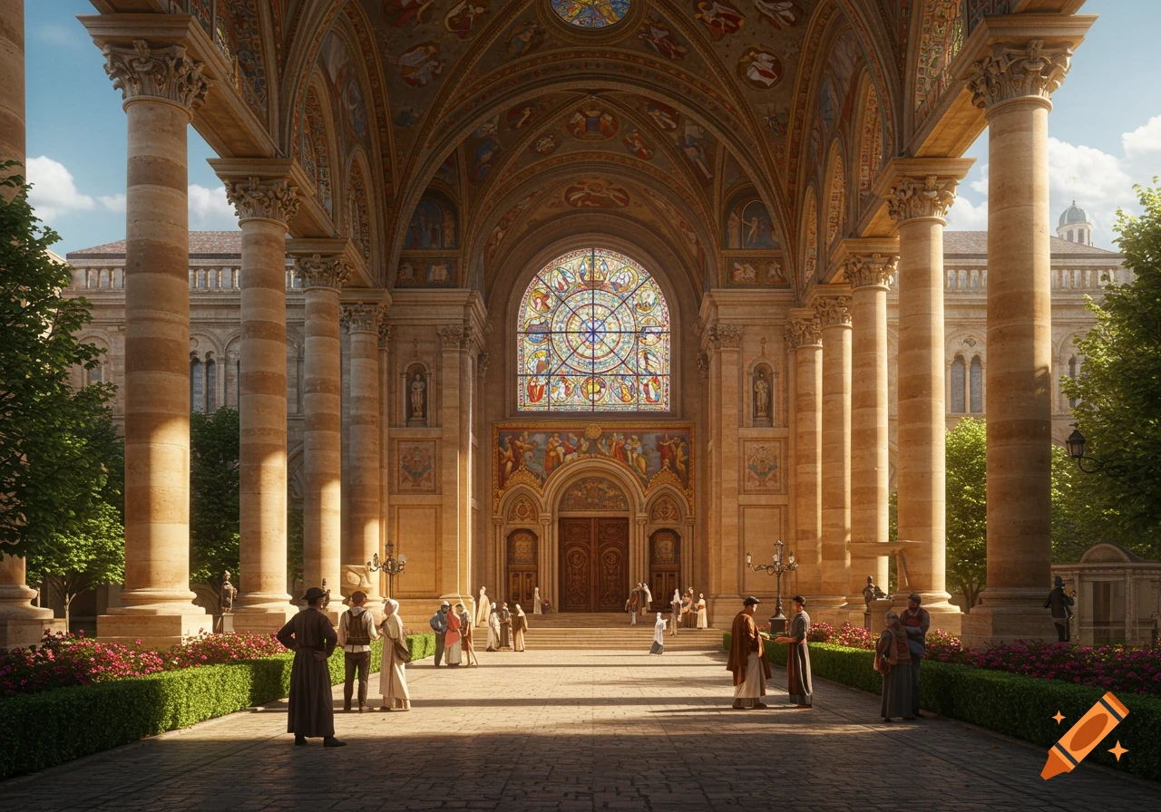 A grand, photorealistic depiction of a basilica's exterior, with tall columns, intricate carvings, and a large stained-glass window. People in historical clothing stand in the sunlit courtyard.