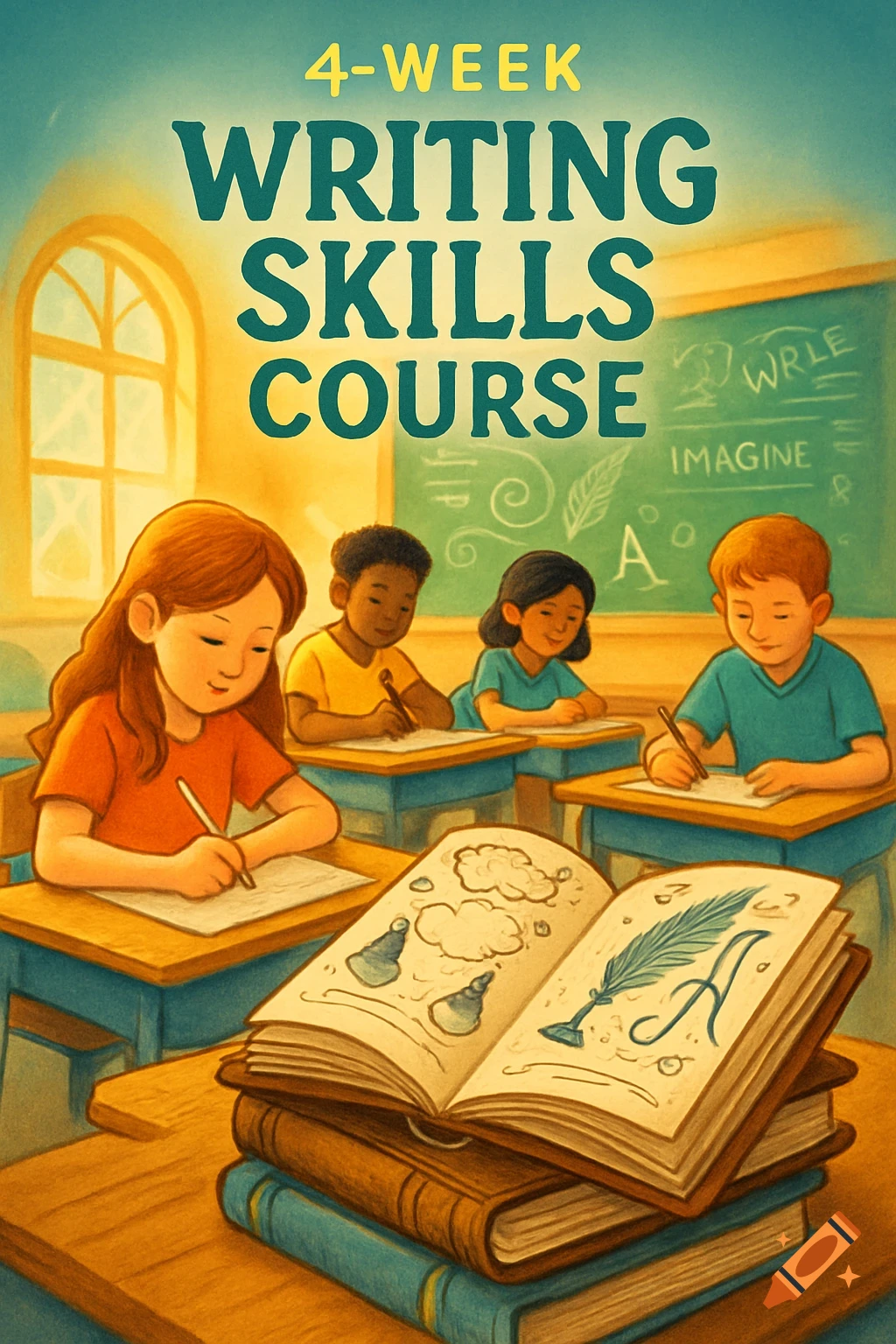 Illustration of children learning in a classroom with a book and text '4-WEEK WRITING SKILLS COURSE' at the top.