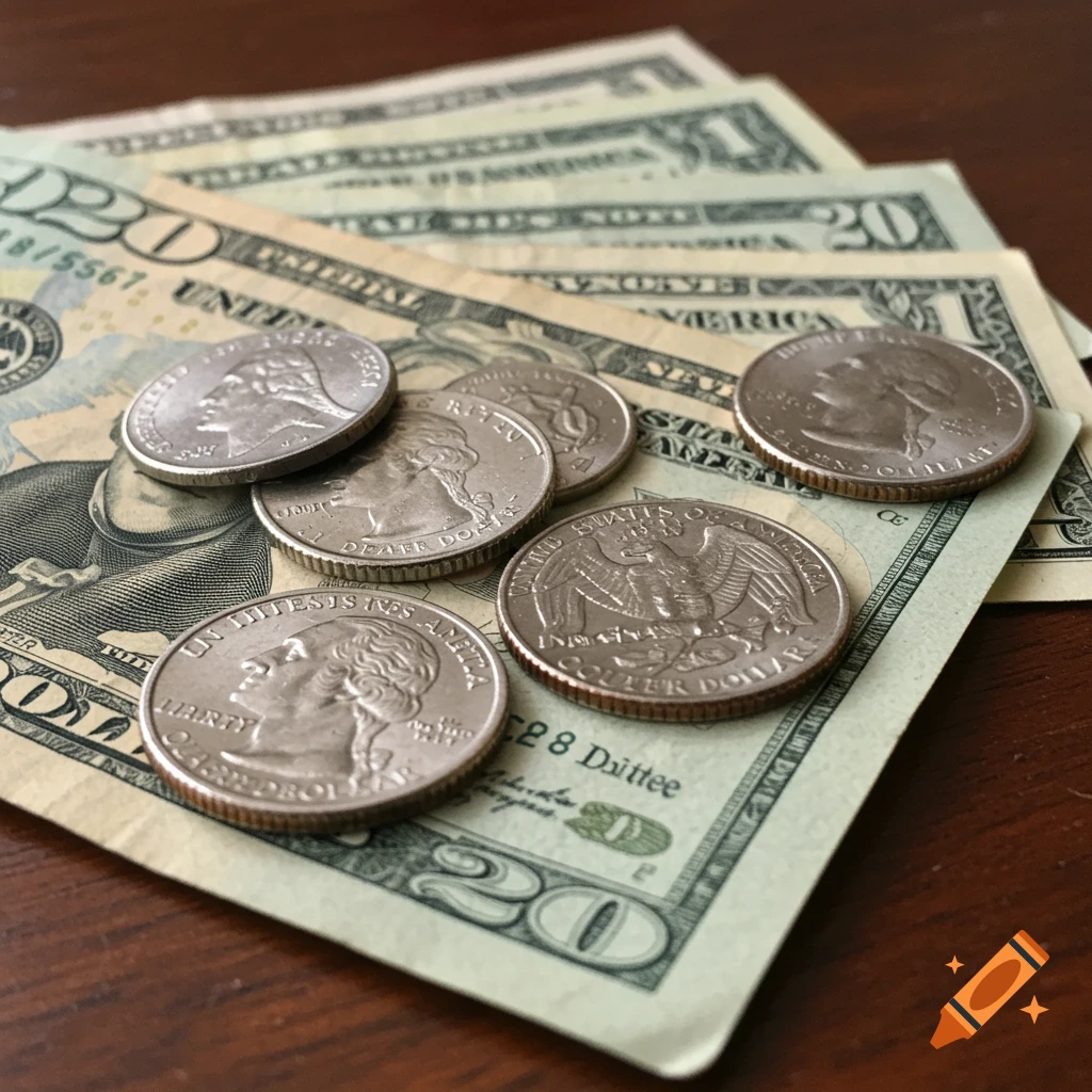 A close-up shot of several US twenty-dollar bills and quarters arranged on a wooden surface.