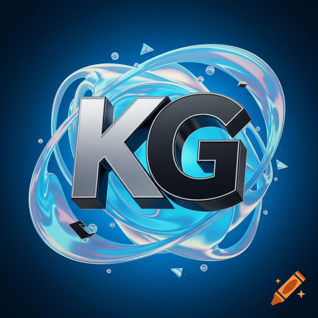 3D silver 'K' and black 'G' letters surrounded by glowing blue and pink translucent abstract shapes on a dark blue background.