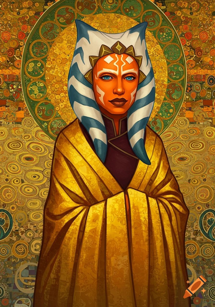 Ahsoka Tano in a golden cloak, painted in the ornate, golden style of Gustav Klimt.