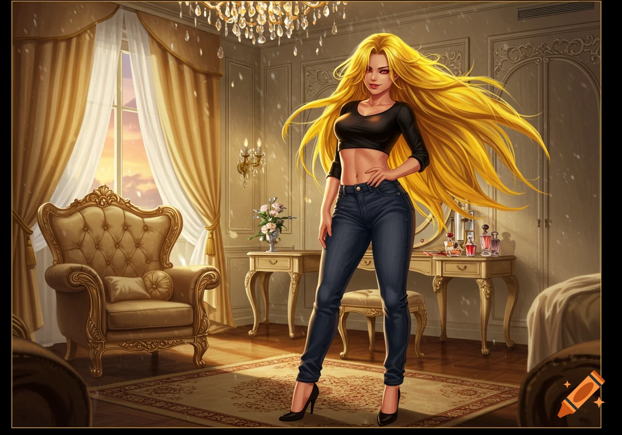 An illustrated woman with long blonde hair and red eyes, wearing a black crop top and jeans, standing in a luxurious bedroom.