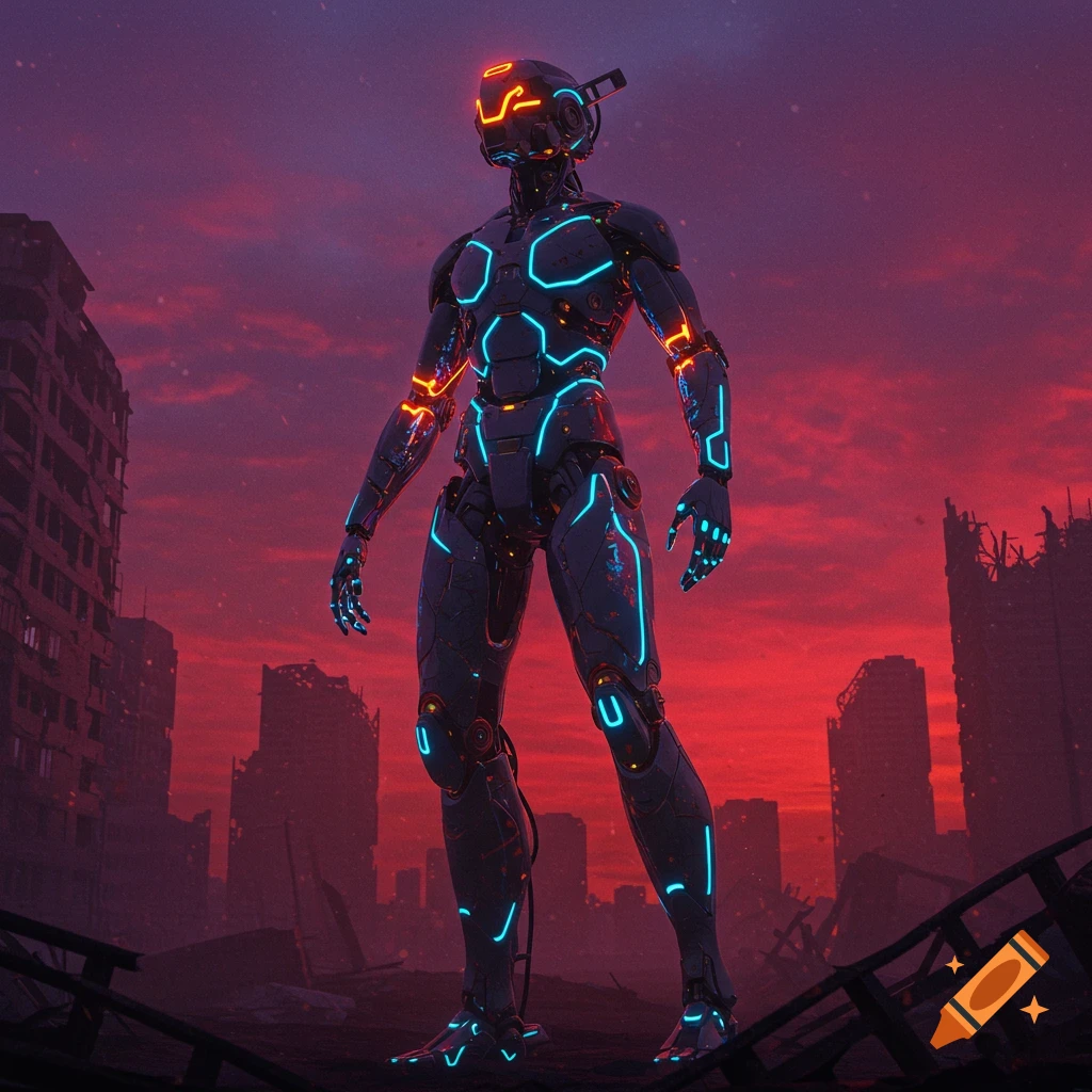 A dark robot with glowing blue and orange lines stands in a ruined city under a vibrant red and purple sky.
