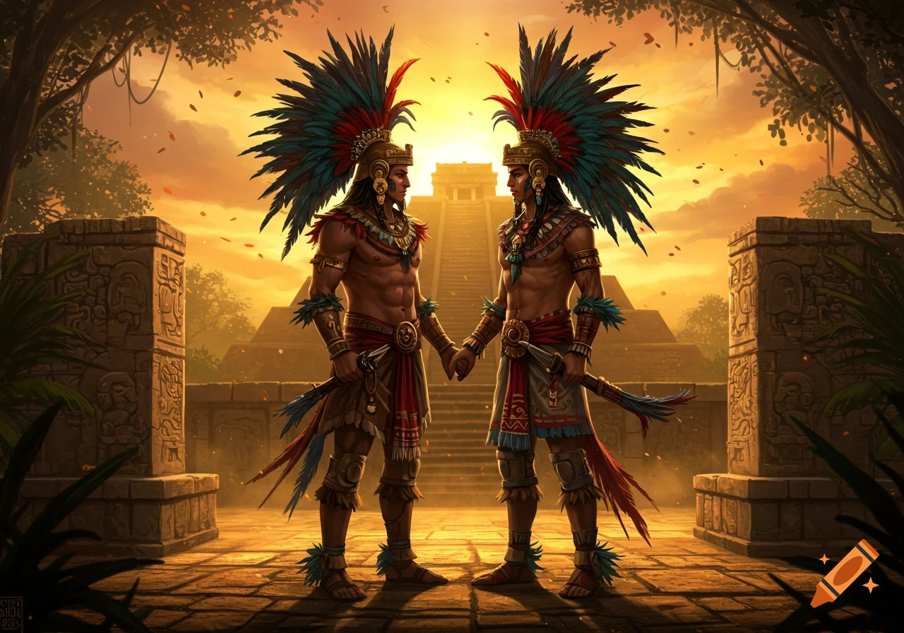 Two men in ornate feathered Aztec warrior attire hold hands on a stone path, with pyramids and a sunset in the background.