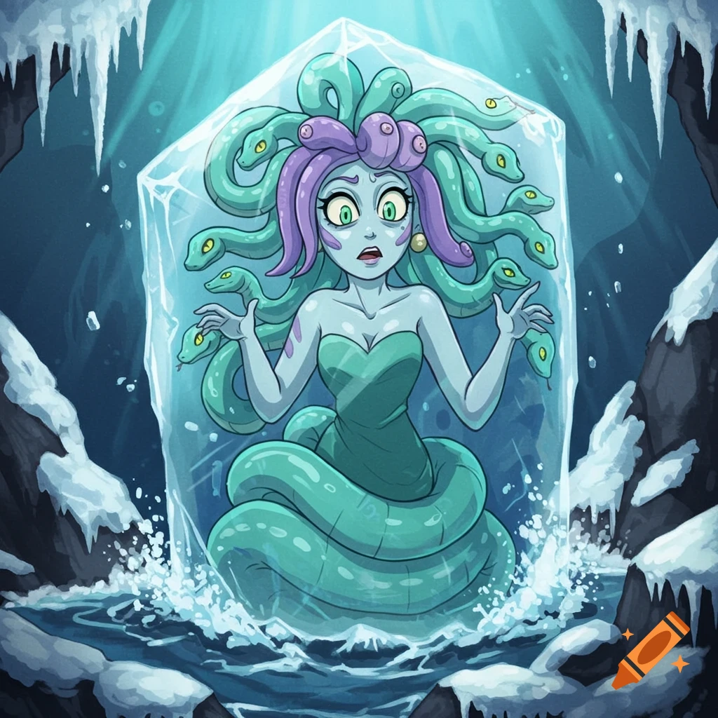 A cartoon Medusa-like character, Cala Maria, with purple and teal snakes for hair and a mermaid tail, is trapped inside a block of ice in an icy cave.