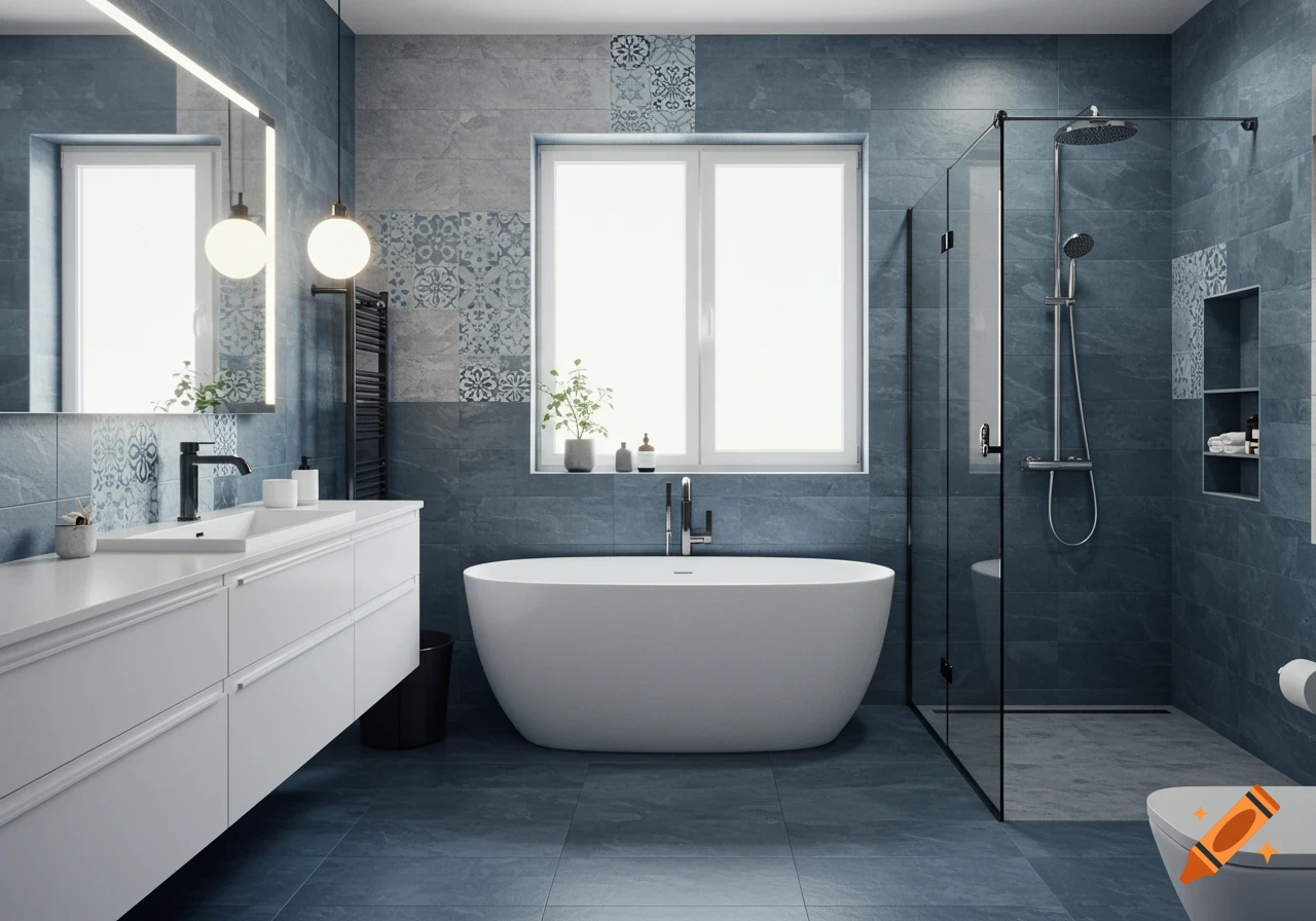 A modern, minimalist bathroom with blue-grey tiled walls and floor, a white freestanding tub, a long vanity with a sink, and a glass shower.