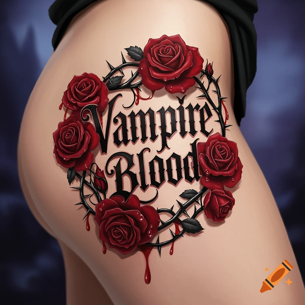 A gothic style tattoo on a hip featuring a wreath of red roses and thorny vines with dripping blood, surrounding the words 'Vampire Blood' in black script.