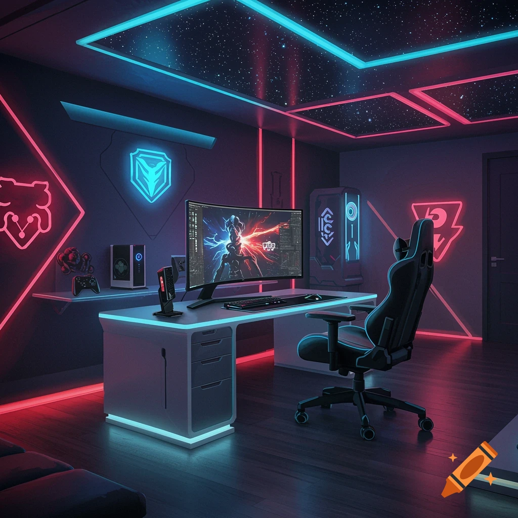 A futuristic gaming room with a large curved monitor, gaming chair, and a PC setup, illuminated by vibrant blue and pink neon lights and a starry ceiling.