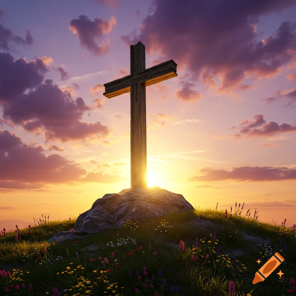 A wooden cross on a rocky hill with wildflowers, backlit by a vibrant sunset.