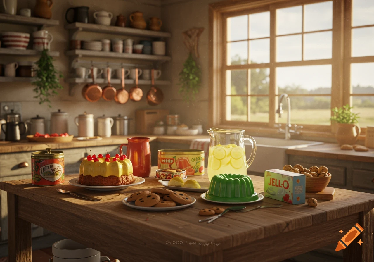 A rustic farmhouse kitchen table laden with a yellow cake, green Jell-O, lemonade, and cookies, bathed in warm sunlight.