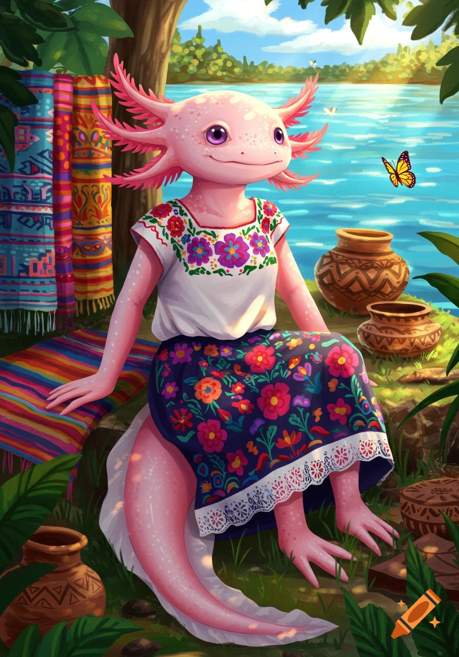 A pink axolotl lady wearing a white huipil blouse with colorful embroidery and a matching floral skirt, sitting by a lake with pottery and woven textiles.