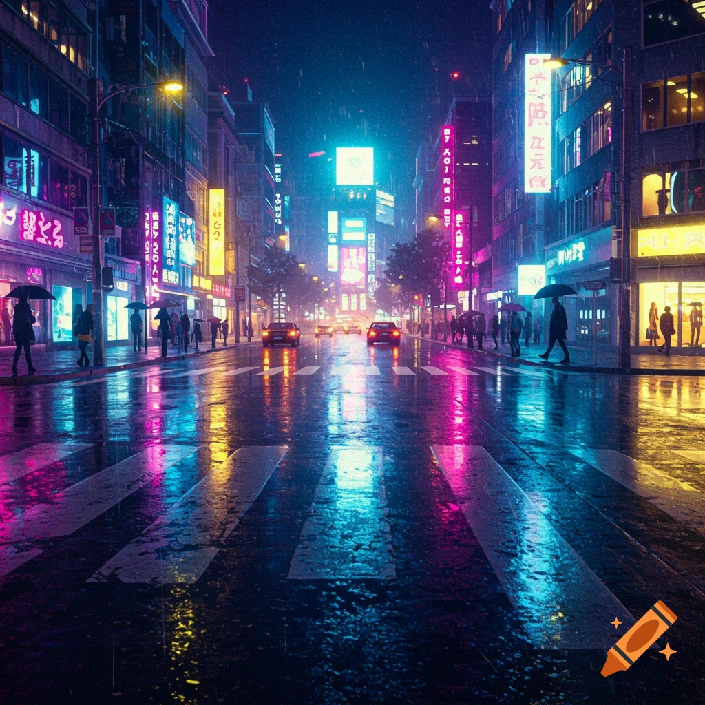 A vibrant cyberpunk city street at night, with neon lights reflecting on the wet pavement as people walk with umbrellas.