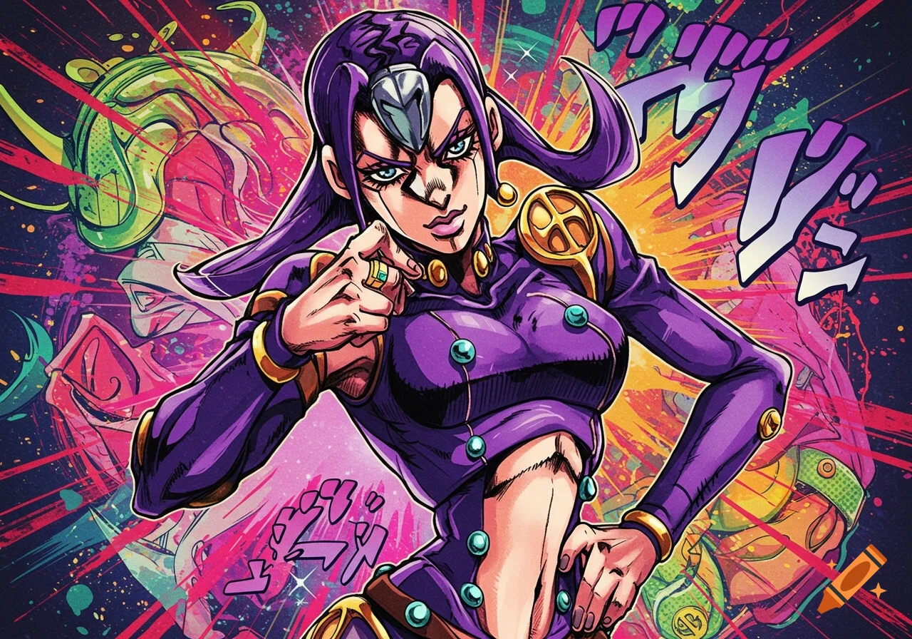 Stylized anime illustration of a purple-haired character in a dynamic pose, in the Jojo's Bizarre Adventure art style.