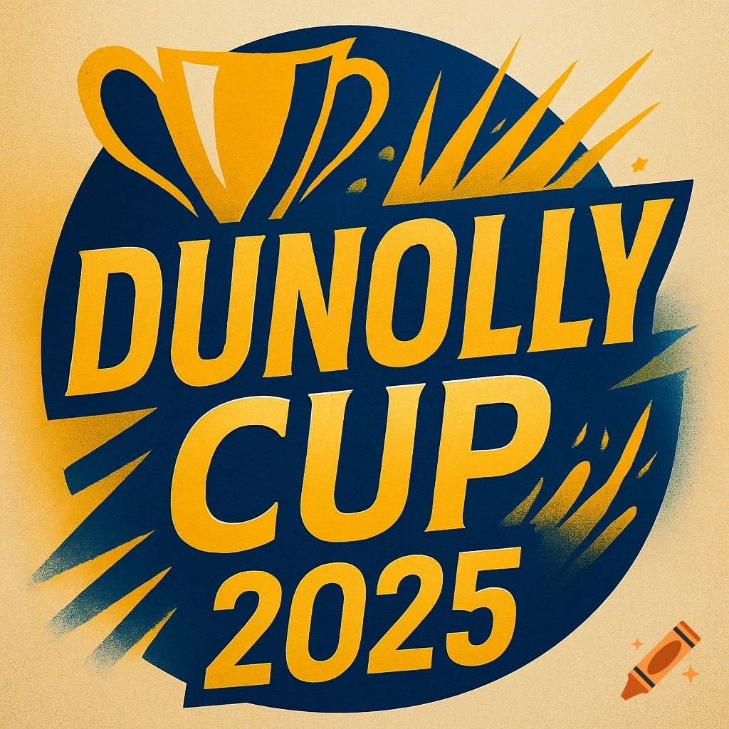 A gold and blue logo with 'DUNOLLY CUP 2025' text and a trophy icon on a textured background.