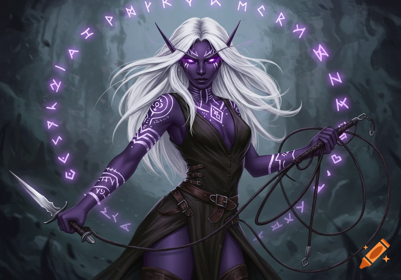 A dark elf woman with purple skin, white hair, and glowing purple eyes holds a dagger and a whip, surrounded by glowing runes.