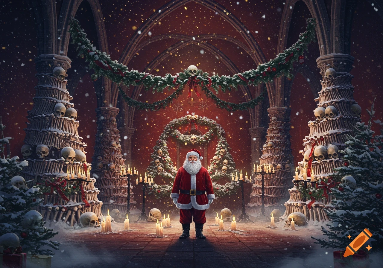 Santa Claus stands in a gothic hall with Christmas trees made of skulls and bones, surrounded by candles and falling snow.