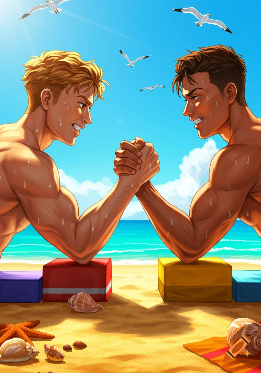 Two muscular men arm wrestling on a sunny beach, with seashells and seagulls around, in a stylized illustration.