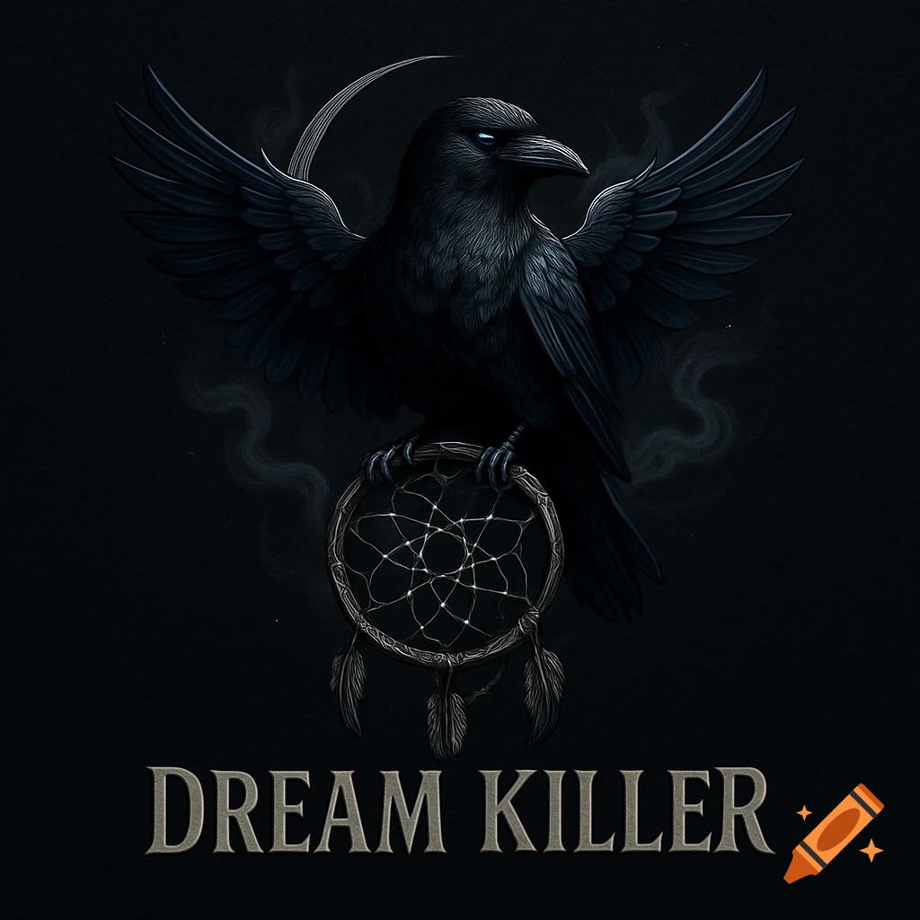 A dark, stylized raven with glowing blue eyes holds a dreamcatcher, with the text 'DREAM KILLER' below.