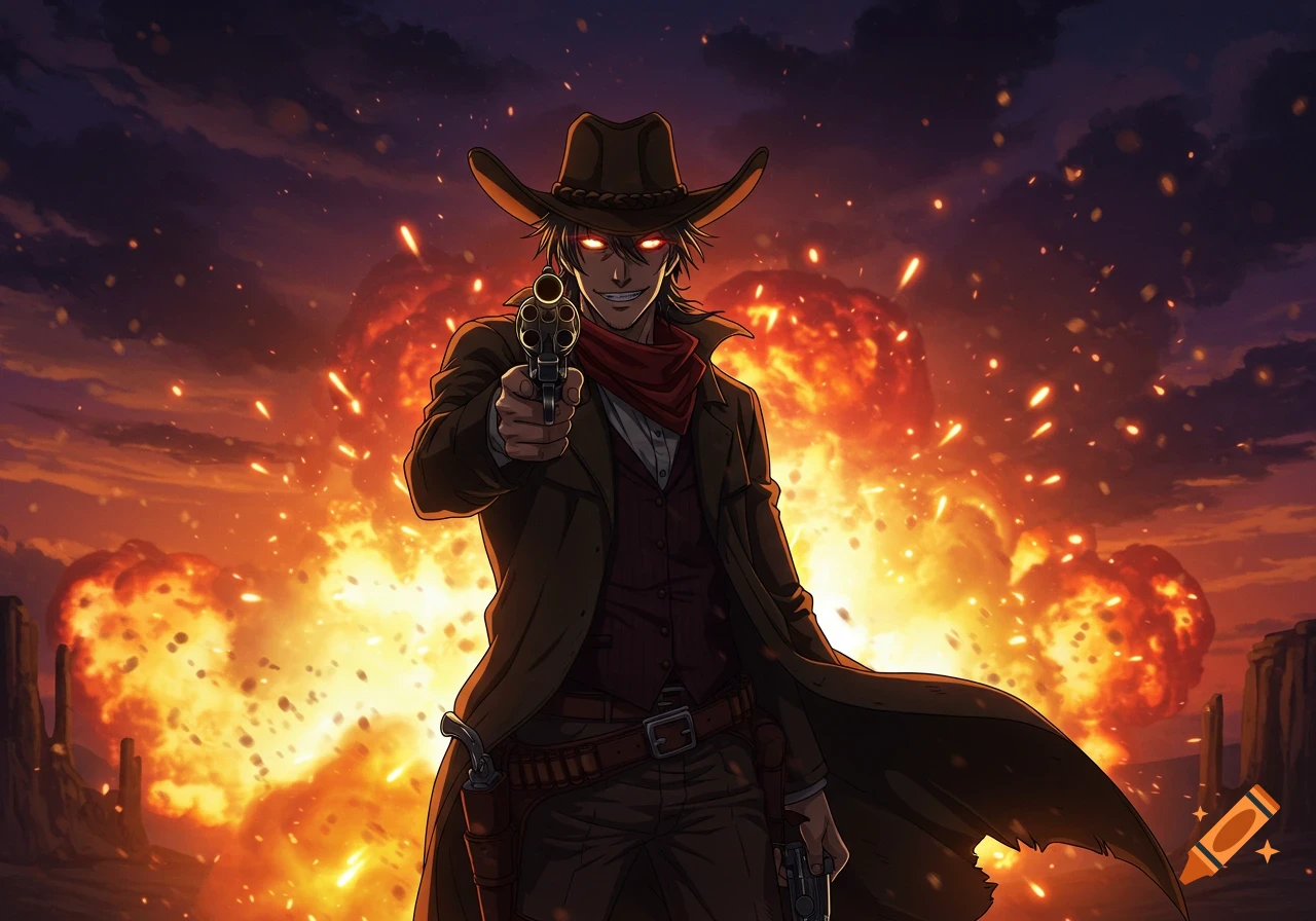 Anime cowboy pointing a revolver, with glowing red eyes and a wicked grin, against a backdrop of fiery explosions and a dark sky.