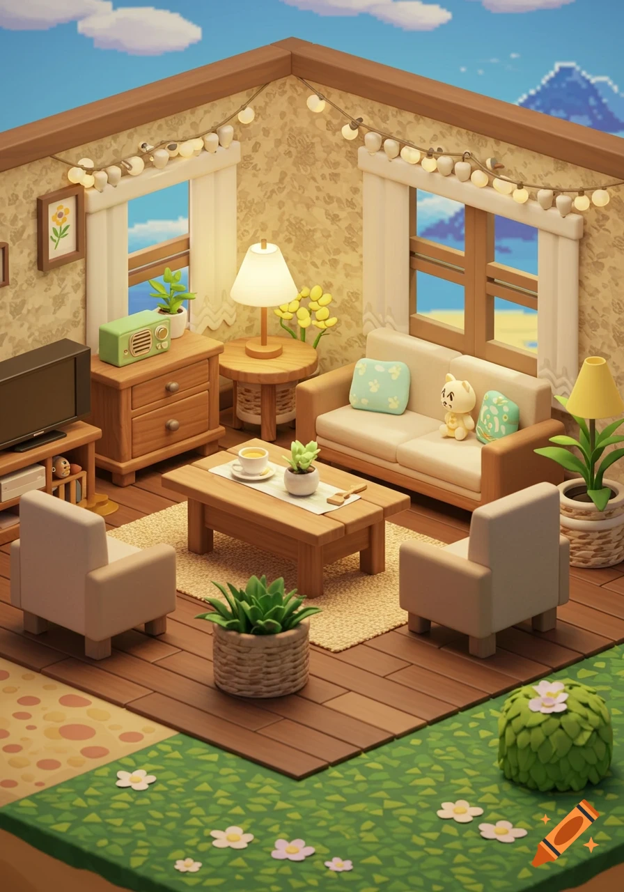 Cozy isometric Animal Crossing-style living room with wooden furniture, sofa, armchairs, plants, and string lights, looking out to a pixelated sky.