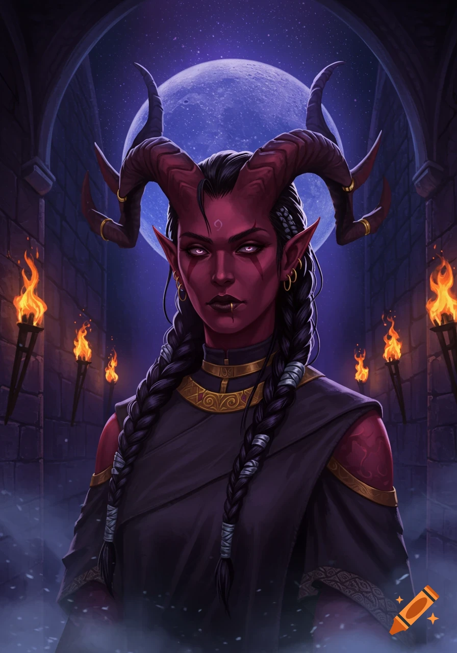 A stoic, red-skinned tiefling woman with large horns, braided black hair, and glowing eyes stands in a dark hall under a full moon.