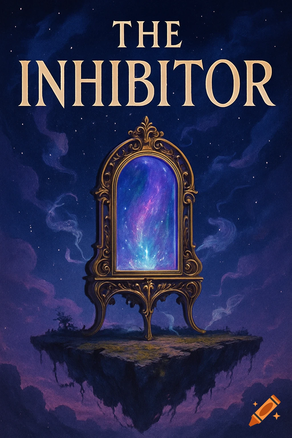 A fantasy book cover showing a golden, ornate mirror with a swirling purple and blue nebula inside, standing on a floating island under a starry night sky. The title 'THE INHIBITOR' is at the top.