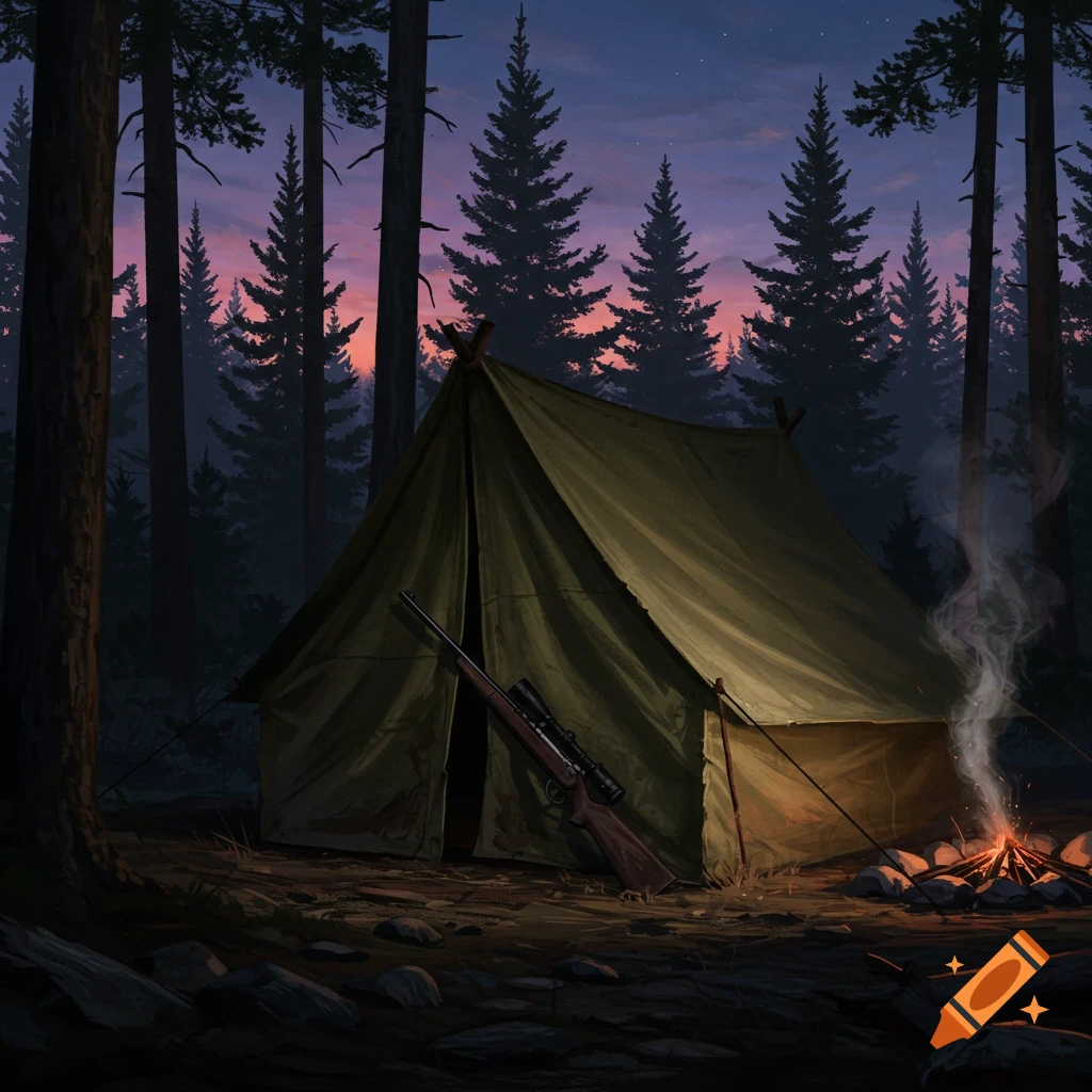 An illustrated scene of a green tent with a rifle leaning against it and a campfire burning in a dark forest at dusk.