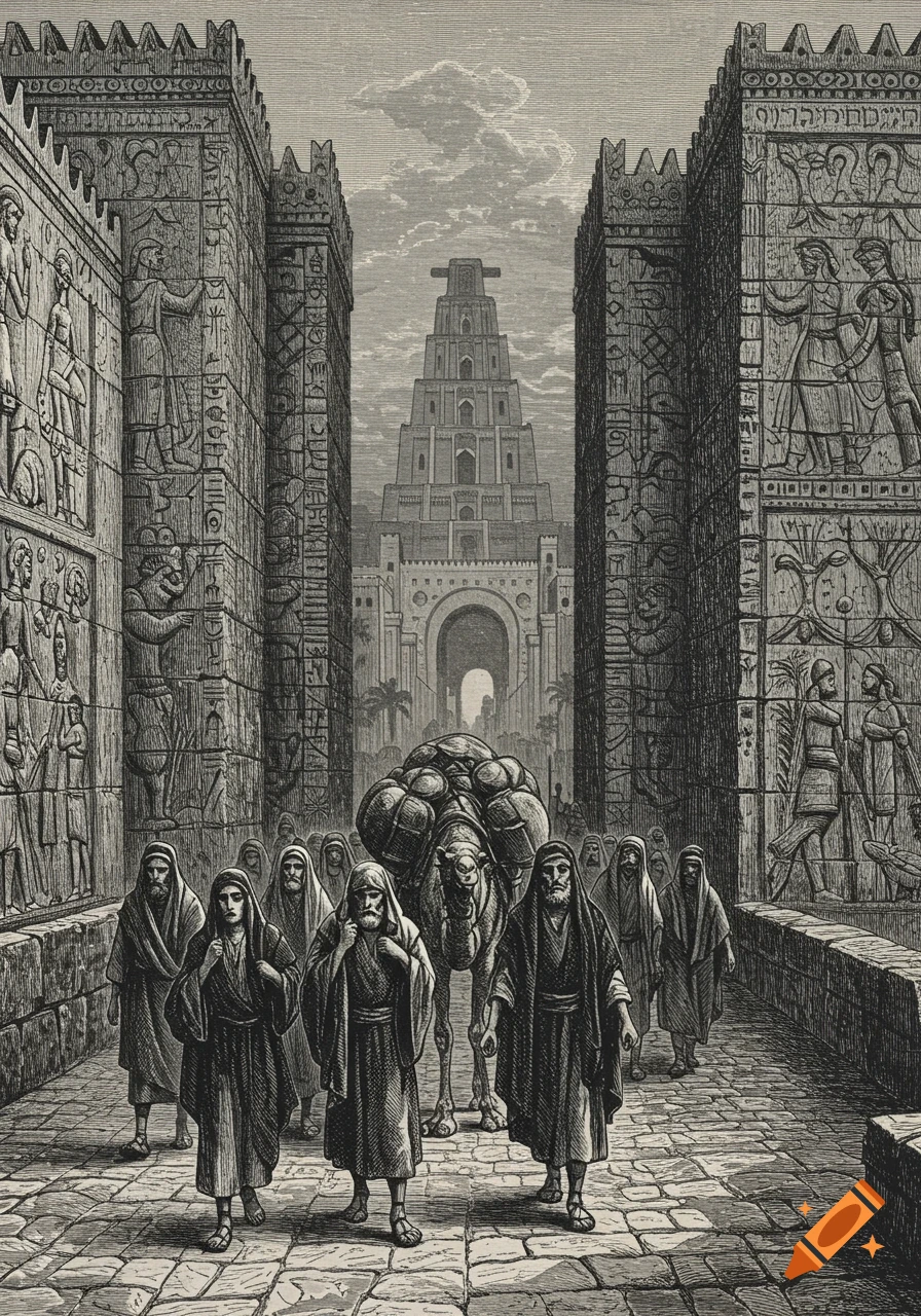 19th-century engraving of people entering a grand ancient city gate, with a towering structure in the background.