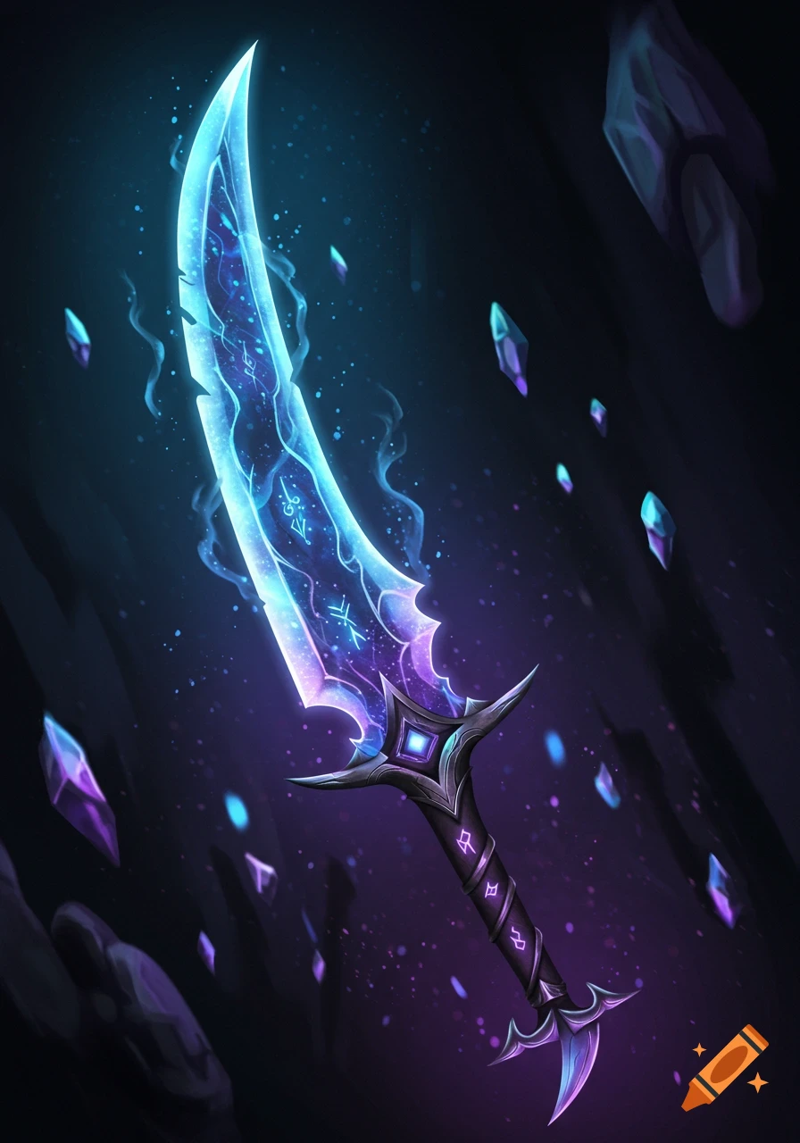 A glowing blue and purple fantasy scimitar with mystical runes, floating against a dark, starry background with crystals.