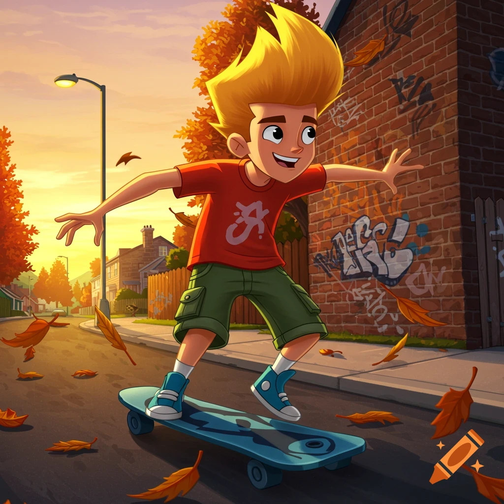 A happy cartoon boy with spiky blonde hair is skateboarding down a street filled with falling autumn leaves at sunset, with a brick wall covered in graffiti behind him.