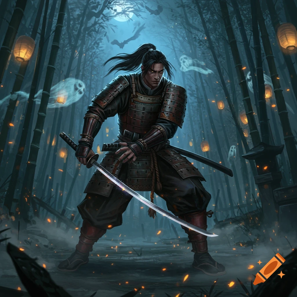 A determined samurai warrior drawing his katana in a dark, moonlit bamboo forest with glowing lanterns and ethereal ghosts.
